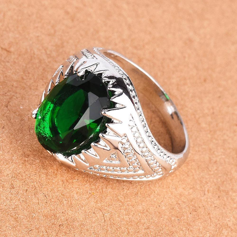 Vintage Emerald Ring for Men Sterling Silver Green Gemstone Bohemian Style Jewelry