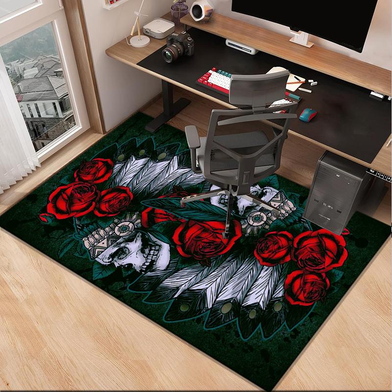 Skulls And Roses Artwork Office Rug Chair Mat, Entryway Carpet, Suitable for Front Door, Bedroom, Living Room, Desk, Holiday Gift