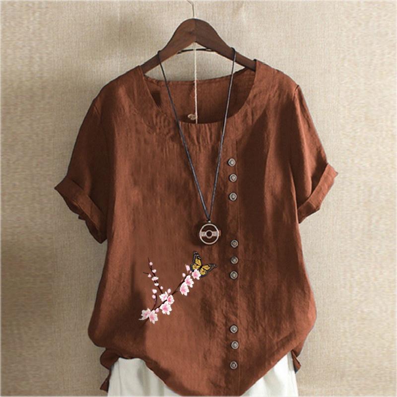 Women's Fashion Flowers Prined Short Sleeve T-shirt Loose Cotton Shirt Casual Loose Summer Blouse Tops Plus Size