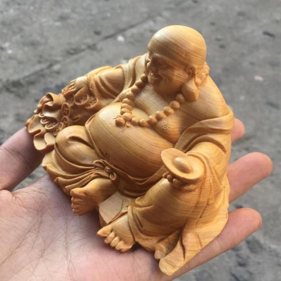 Natural Cypress Ingot Maitreya Buddha  Statue Chinese characteristic wood carving Home, Room, Office, God of Wealth Accessories