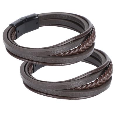 2Pcs Casual PU Leather Bracelet Woven Magnet Clasp Vintage Fashion Craft DecorationBrown Leather Black Buckle