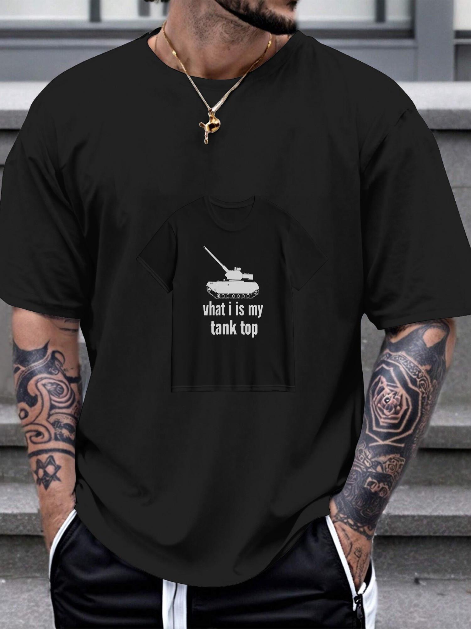 

1pc Military Tank Graphic T-shirt - 180g Cotton Crew Neck Short Sleeve Tee with What Is My Tank Top Print M