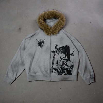 European and American Street Fashion Personality Hip-hop Character Letter Print Hooded Zipper Sweatshirt