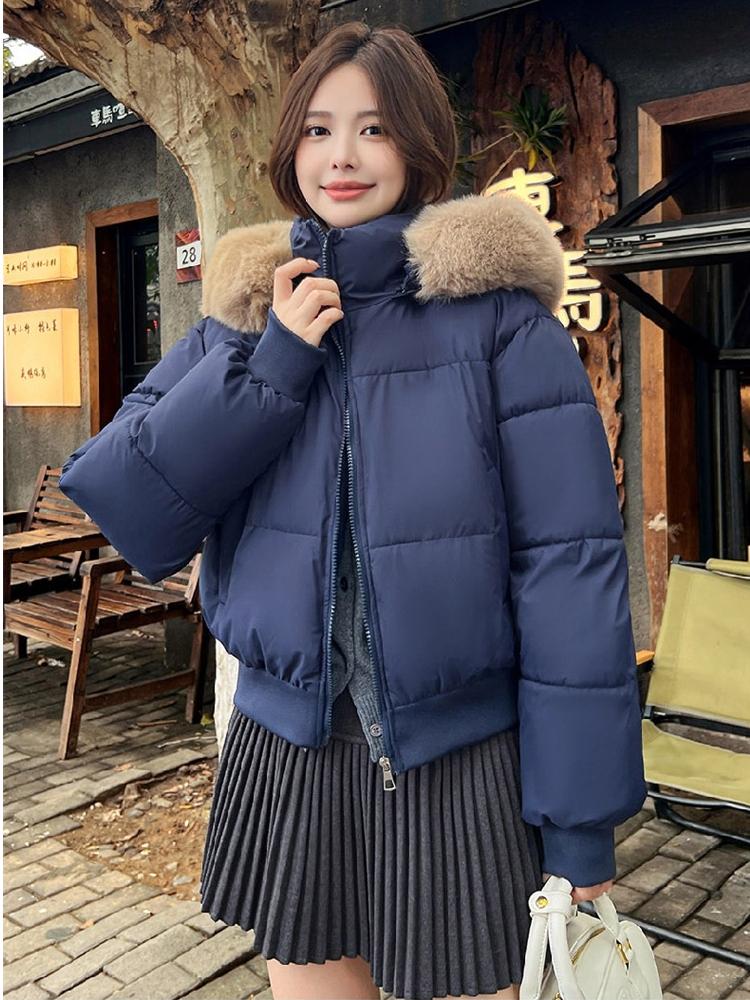 Hooded Cotton-padded Jacket Short Winter Thickened Warm Coat With Fur Collar