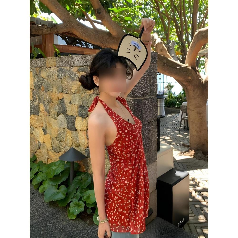 Commuter Casual Fashion Versatile Dress Retro Floral Neck Sling Vest Women's Summer New