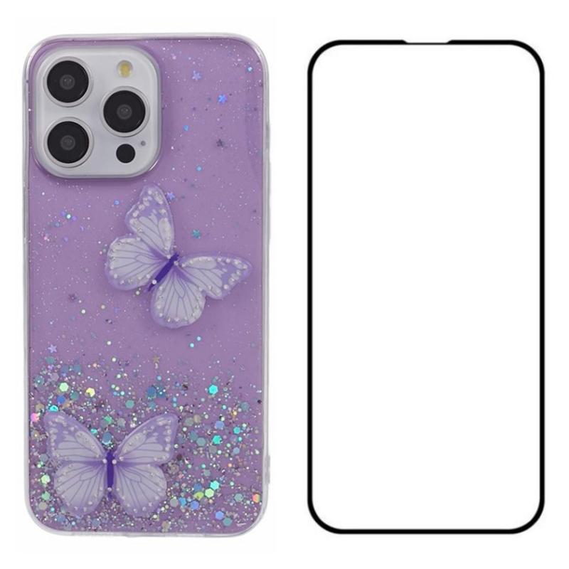 

For iPhone 15 Pro Case 3D Butterfly TPU Phone Cover with HD Film 2-in-1 Design Purple