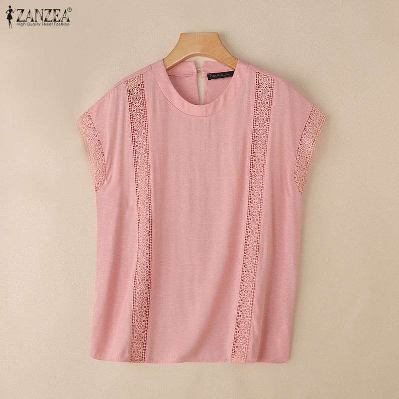 ZANZEA Women Summer Casual Round Neck Sleeveless Lace Crochet Patchwork Tank Tops