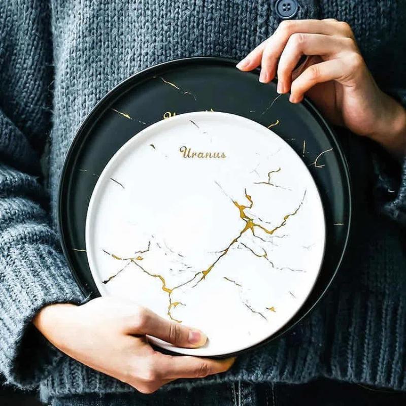 Farfurie ceramică Nordic Marble – Porțelan auriu pentru sushi, desert și friptură