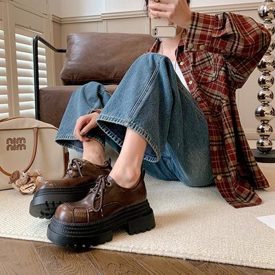 Fashion Women's New Leather Cowhide Round Toe High-heeled Lace Up College Style Single Shoe with Thick Sole Retro Casual Shoes