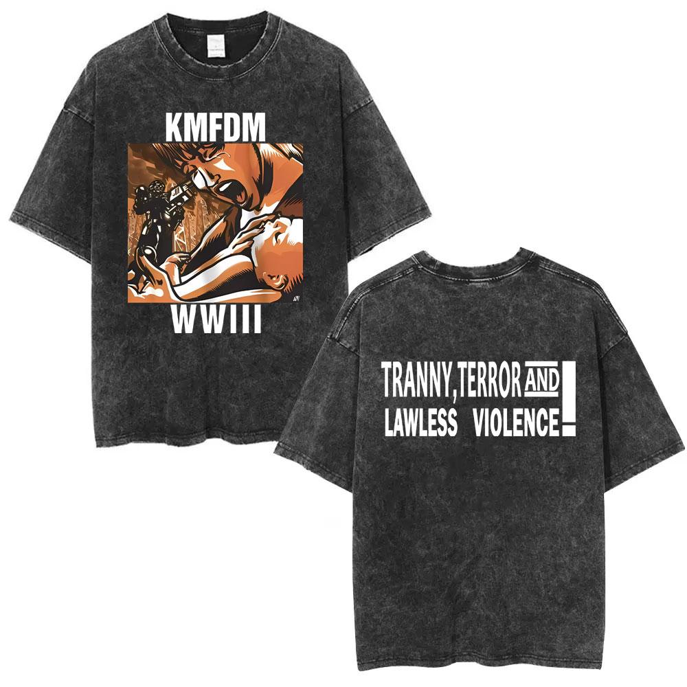 Washed Vintage Rock Band Kmfdm Angst Graphic Tshirt Men Women Retro Gothic Punk Streetwear Mens Casual Pure Cotton T Shirts
