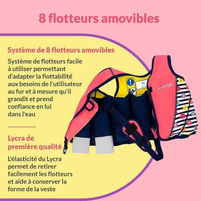 Limmys Gilet de Natation en Néoprène Premium - Gilet de Sauvetage pour Enfants - 8 Flotteurs Amovibles - Pétale Rose - Petit