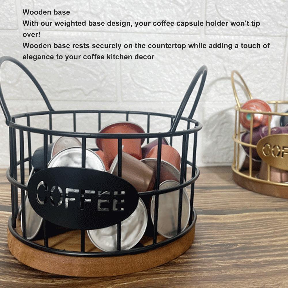 Round Iron Wire Coffee Pod Basket Wooden Base Large Capacity Coffee Capsule Holder Metal Wire Black Coffee Pods Storage Basket