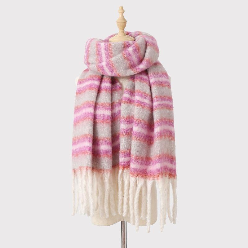 Mohair Winter Striped Scarf Women's Warm Color Matching Imitation Cashmere Advanced Sense Thickened Scarf Versatile Fashion Shawl