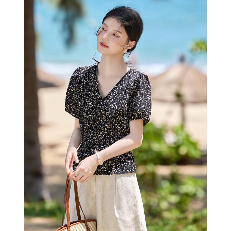 French Elegant Floral V-Neck Bow-Tie Women's Shirt
