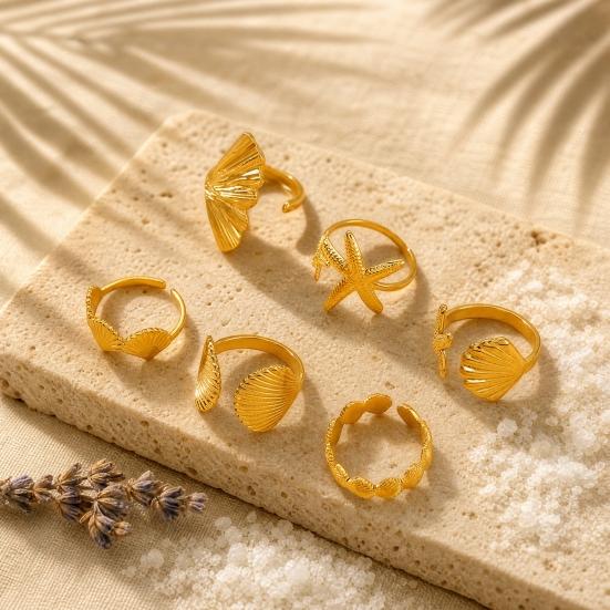 6Pcs/Set Starfish Ocean Rings Set, Stackable Marine Style Rings, Comfortable Wear Summer Beach Jewelry Gift