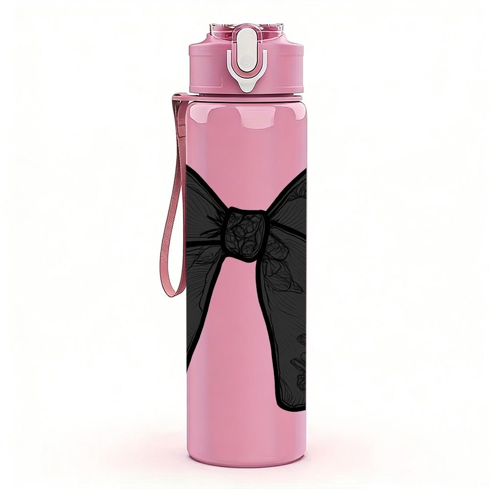 1PC Big Black Bow Knot Simple Print 750ml Color Plastic Sports Water Bottle Leakproof Flip Straw Lid Suitable for Sports Office Home Use