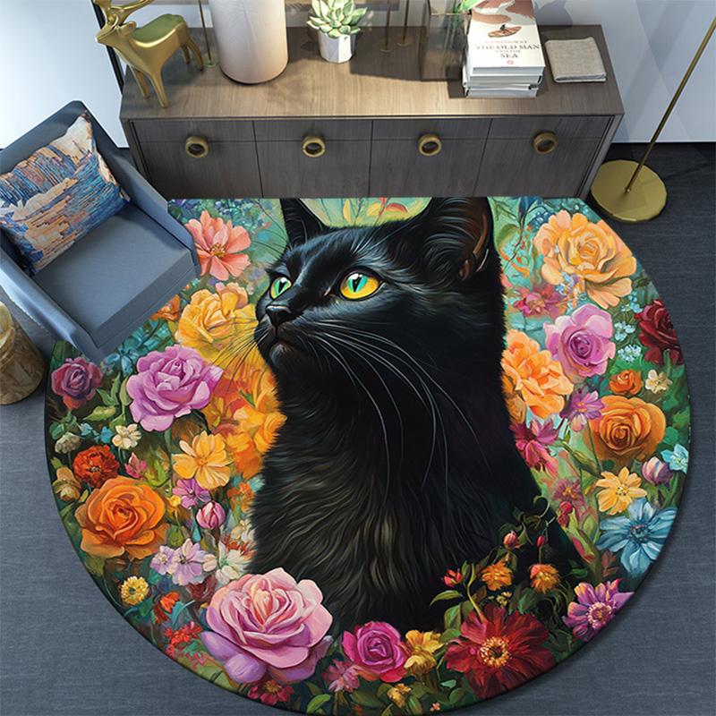Black Cat Floral Round Area Rug,Carpet Rug for Living Room Bedroom Sofa Playroom Decor,Non-slip Floor Mat