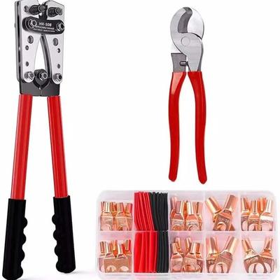 Battery Cable Lug Crimping Tool Kit Cable Cutter and Copper Lugs Assortment Heat Shrink Tubing Wire Crimper Set HX-50B +LK-60A