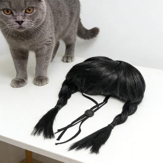 Funny Black Double Ponytail Pet Wig with Adjustable Strap Novelty Dog Cat Cosplay Accessory for Halloween Christmas Parties Festivals