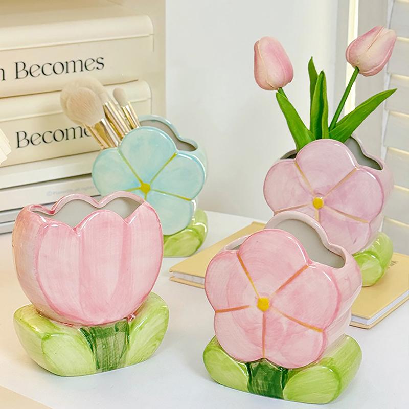 Flower Pen Holder Ceramic Desktop Decoration Cute Girl Desk Office Storage Box Stationery Shelf Storage Tank
