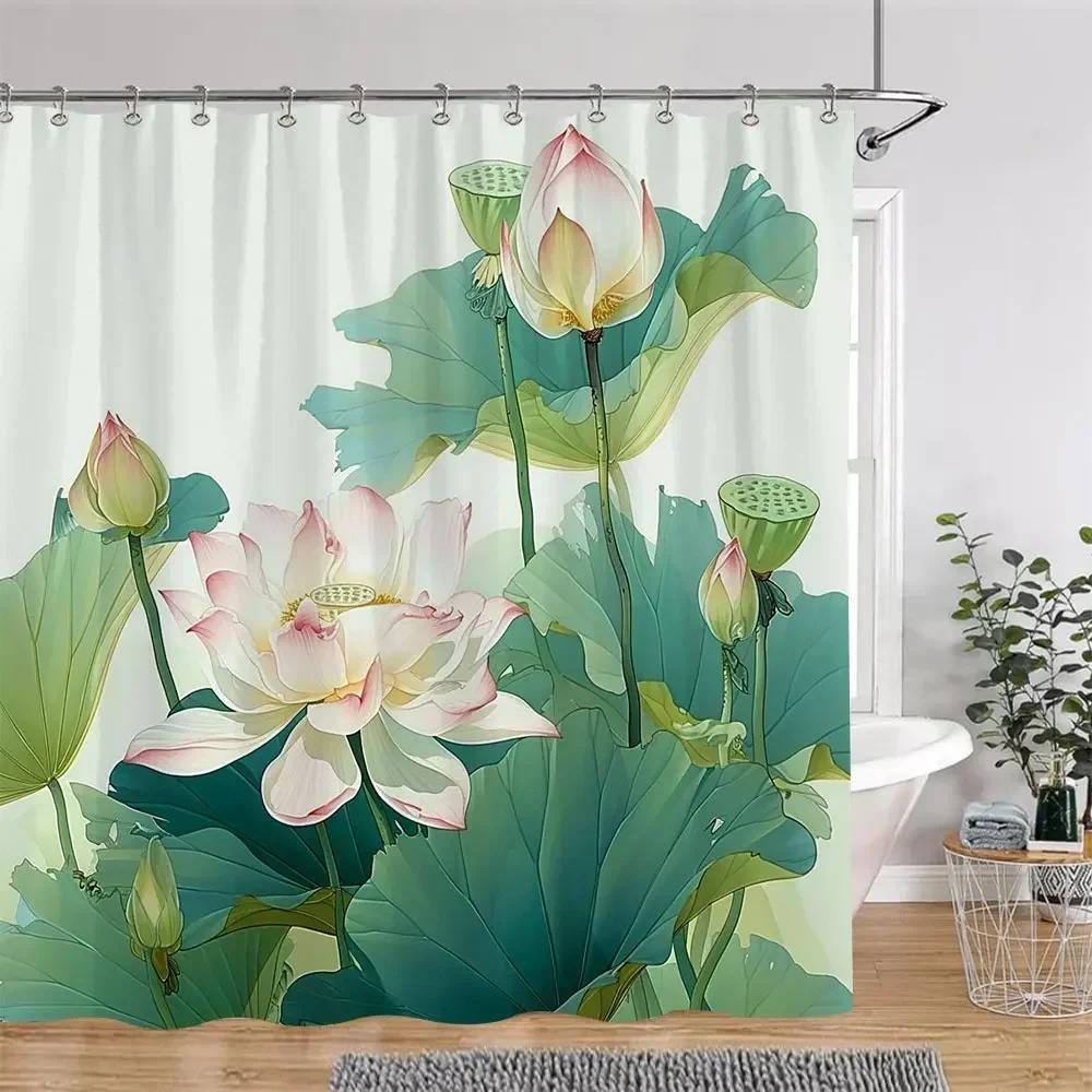 Elegant Lotus Pond Shower Curtain - Traditional Chinese Landscape Design for Modern Bathroom Décor, Waterproof & Easy Care