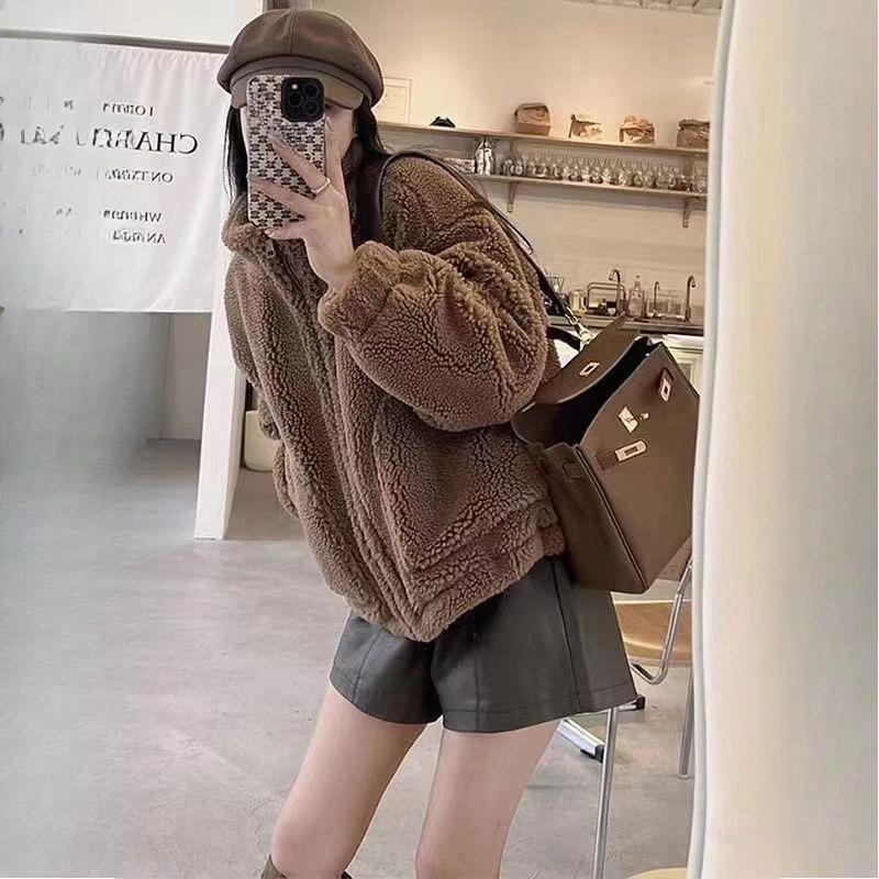 Sherpa Cardigan Stand Collar Jacket Women Winter Loose Lazy Style Basic Plush Thick Short Hoodie