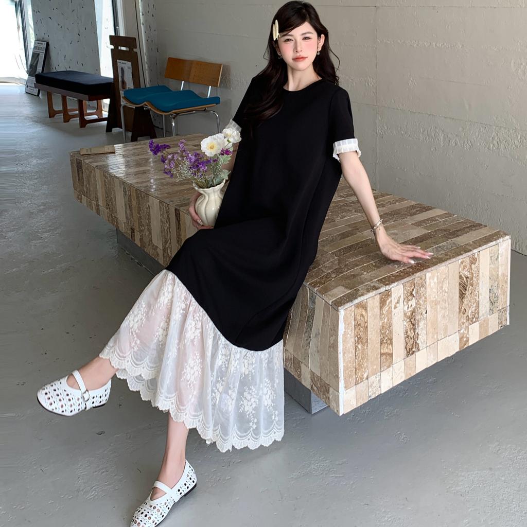 DIMANAF 2025 Plus Size Dress Women Summer Vintage Dress Basic Long Loose Casual Spliced Dress Elegant