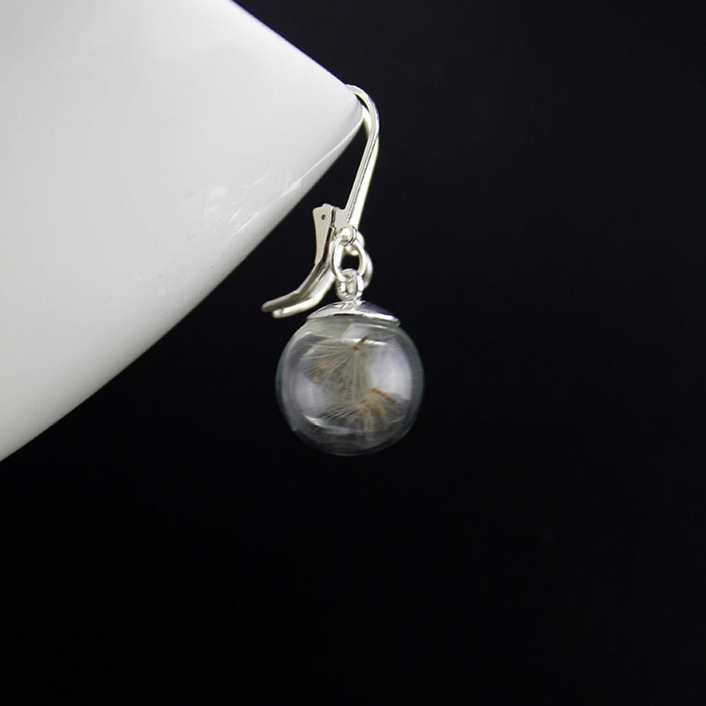 Buy Dandelion Silver Dried Flower Filled Crystal Glass Earrings - Main Image