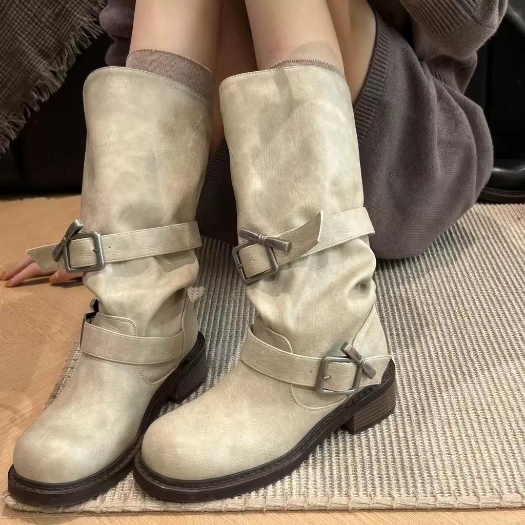 New retro old belt buckle tube women's thick-soled niche stacking boots Martin boots