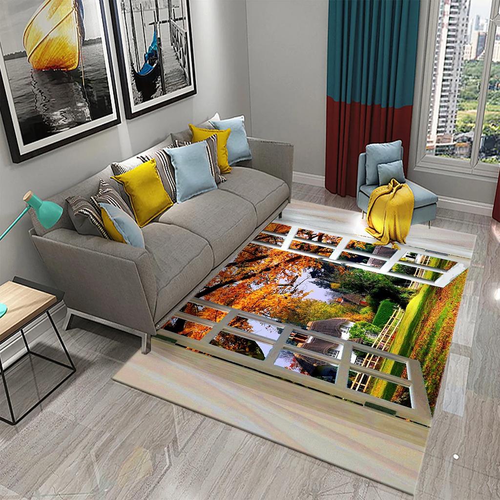 Tapete 3D Moderno Cenário de Janela Bela Vista Fora da Janela Tapetes Cozinha Banheiro Tapete Antiderrapante Sala de Estar Quarto Decoração Tapetes