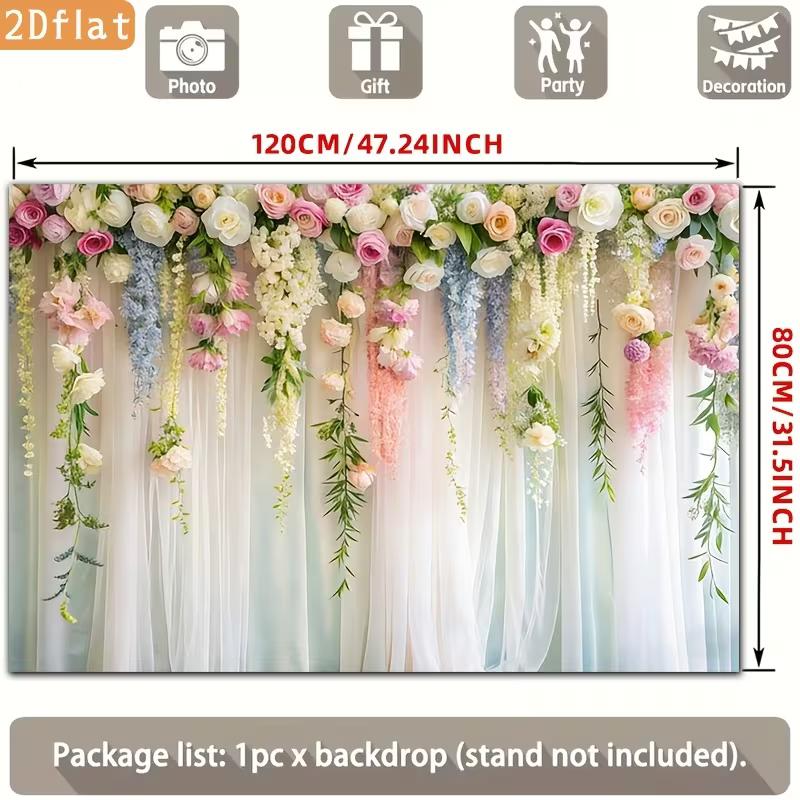 2D Pastel Flower Backdrop with Sheer White Curtain Background Cloth