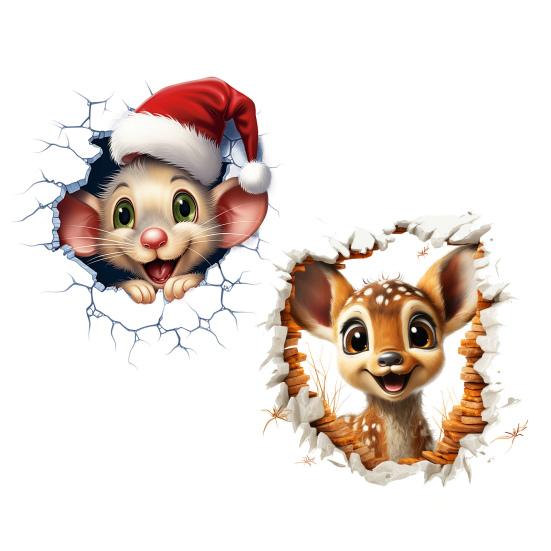 Christmas Wall Decals Animal Design Sticker PVC Removable 2D Sticker Creative Broken Wall Art for Kids Bedroom Playroom Home Decor