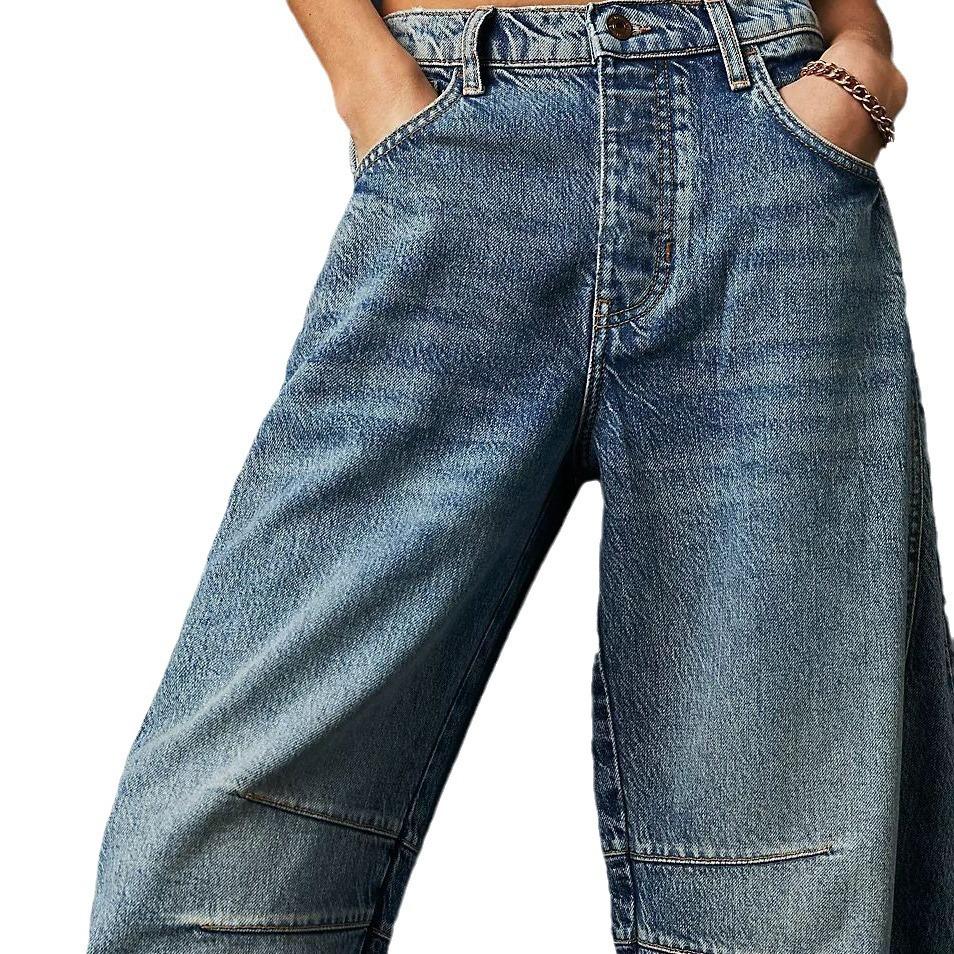 Women's Loose Fit Blue Jeans Distressed Wide Leg Pants with Raw Hem and Patchwork Design