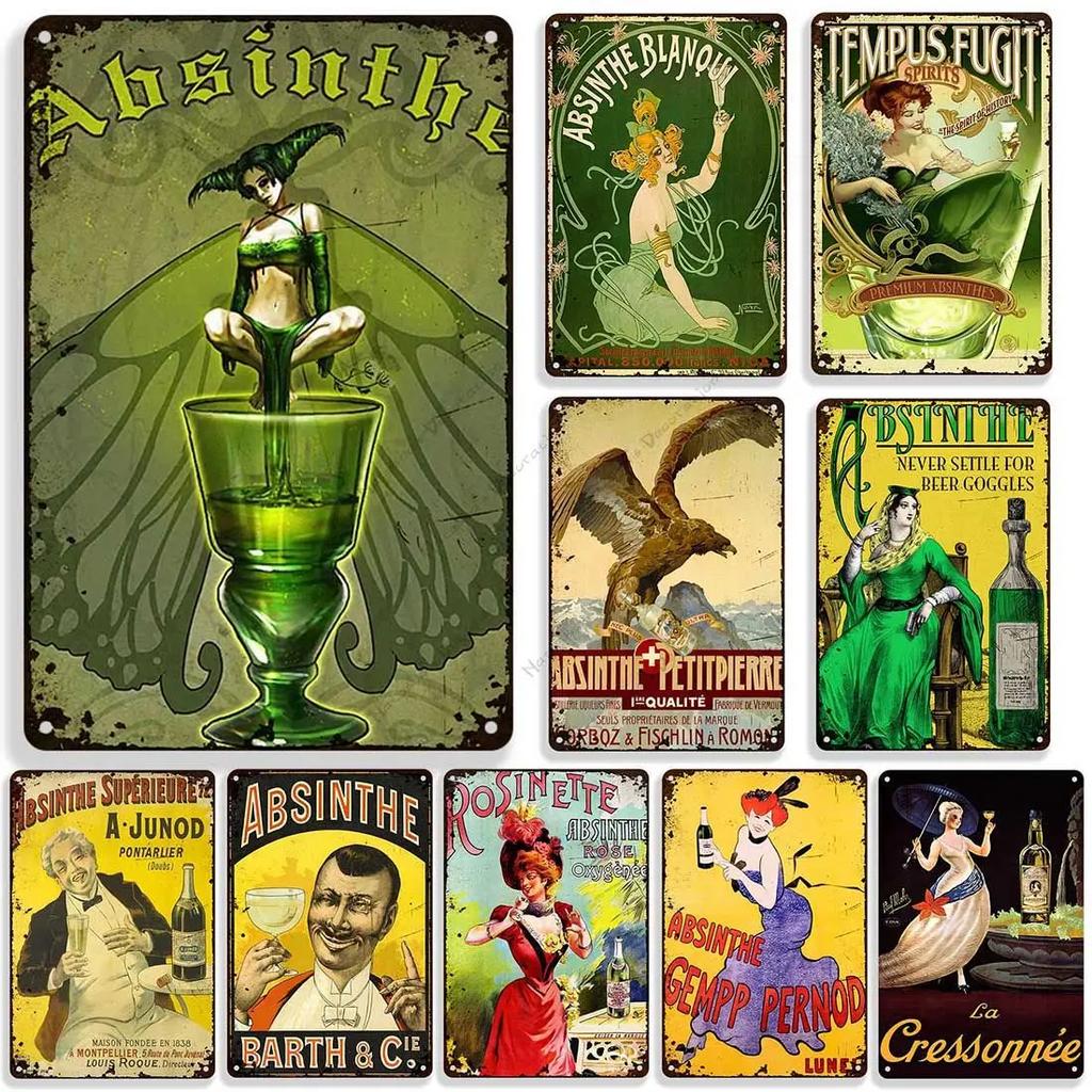 Absinthe Vintage Poster Beer Metal Sign Decorative Wall Plate Retro Metal Plaque Man Cave Home Metal Plate Wall Industrial Decor