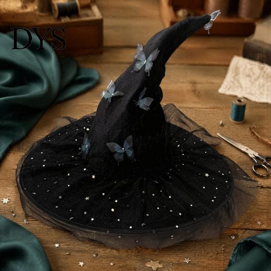 Witch Hat for Halloween Costume Women, Large Glitter Sequins Mesh Wizard Decorative Party Cosplay with Butterfly Accessory, Elegant Curved Brim