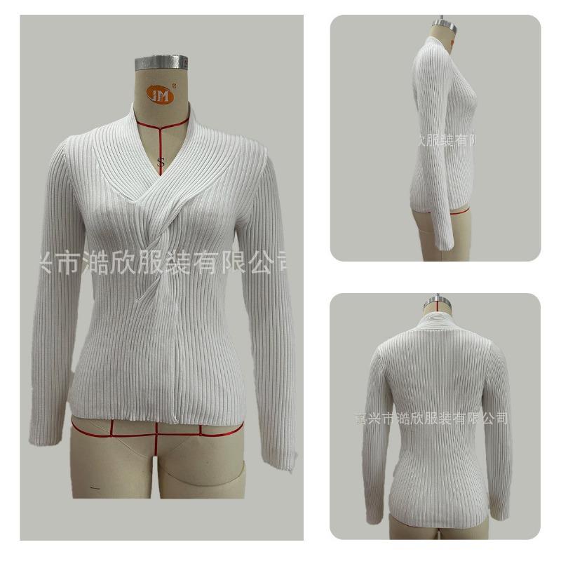 Women Fitted Solid V Neck Long Sleeve Knit Sweater Split Hem