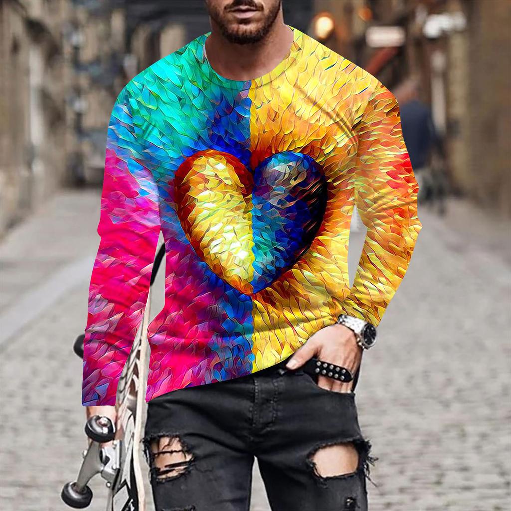 Spring and Autumn Round Neck 3D Love Printed Top Valentine's Day Themed T-shirts Fashionable Casual Long Sleeved Men's T-shirts