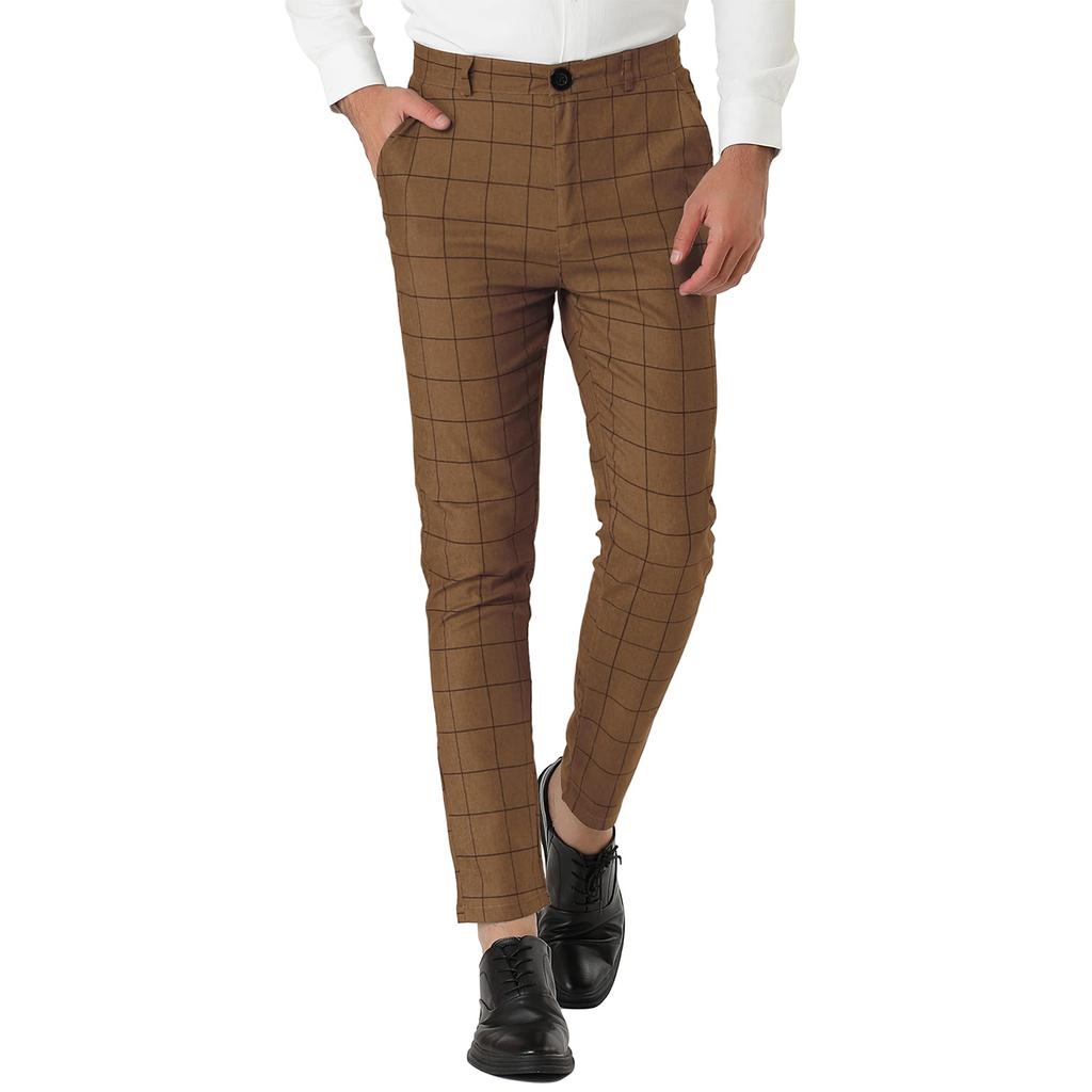 Men's Dress Plaid Slim Fit Flat Front Business Pants With Pockets