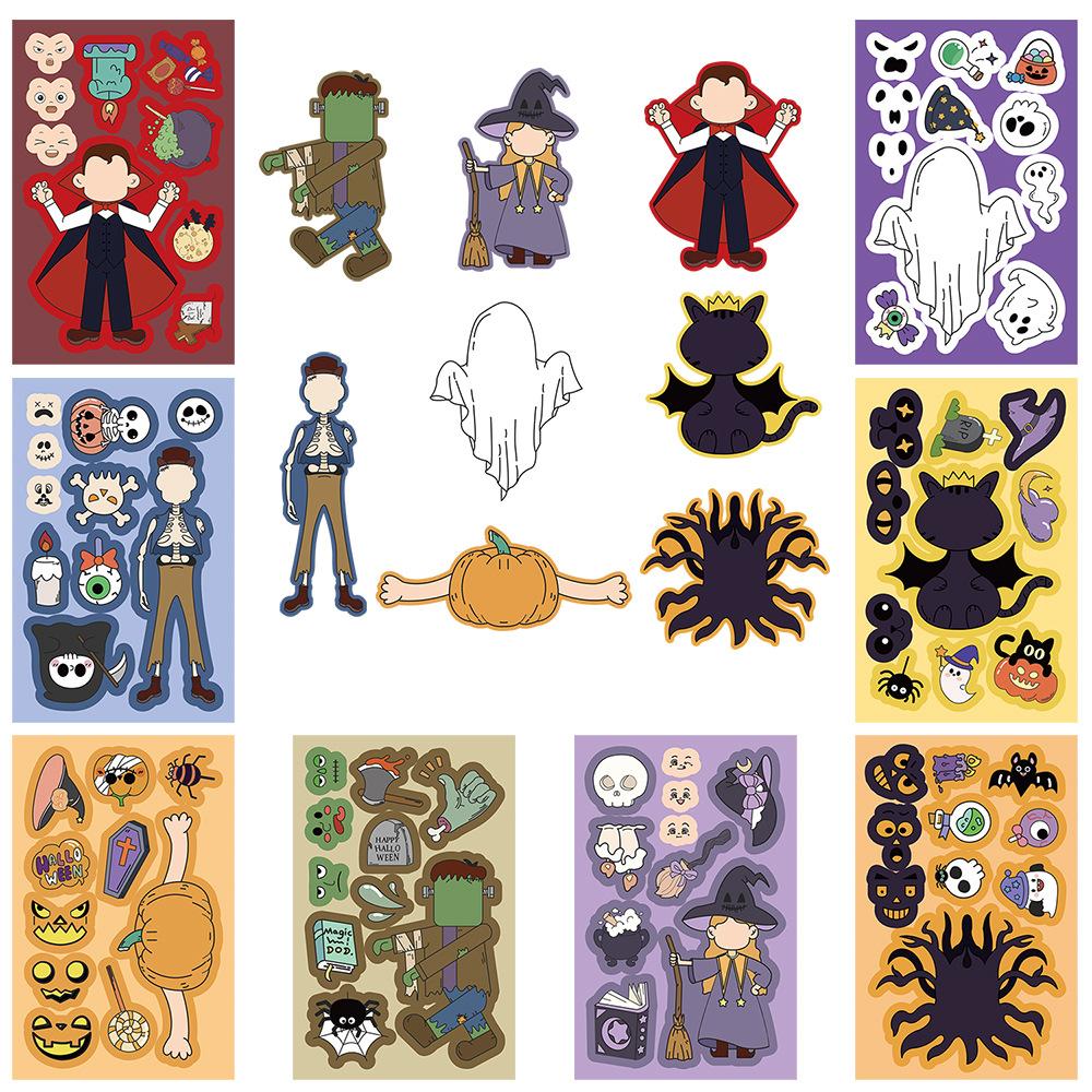 

8 листов наклеек-пазлов для Хэллоуина в скандинавском стиле, меняющих выражение лица, с повторяющимися рисунками ведьм и тыкв, идеально подходящих для DIY-украшения