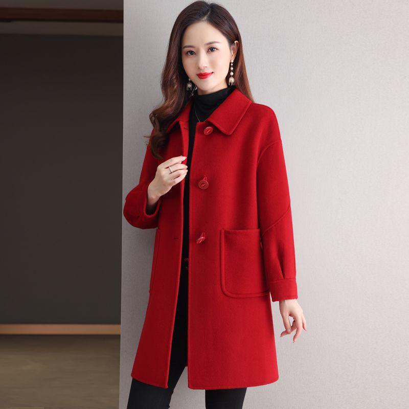 Women's Mid-Length Age-Defying Red Double-Faced Cashmere Coat, 2025 Korean-Style, Loose Fit with Wool Lining