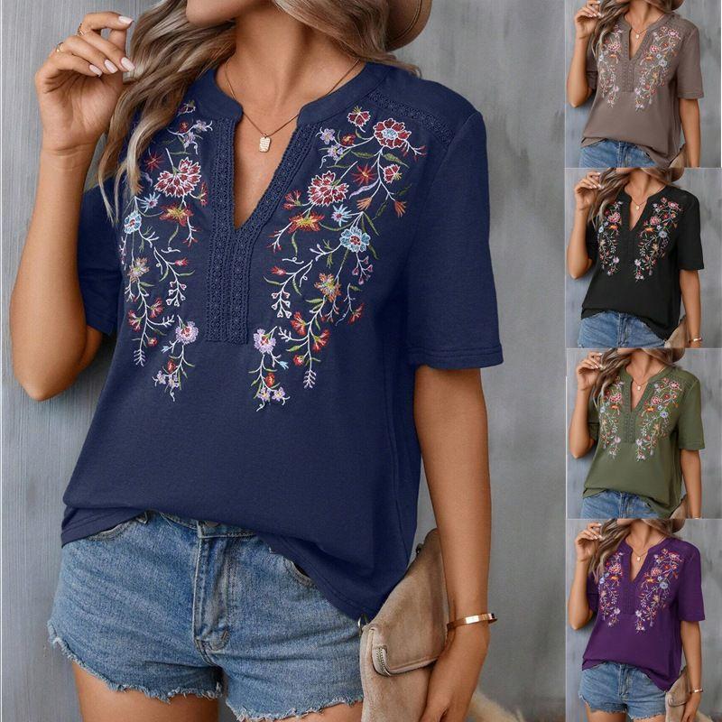 

2025 Embroidered Splicing Lace Top Lace Lace-Collared Blouse Navy XXL
