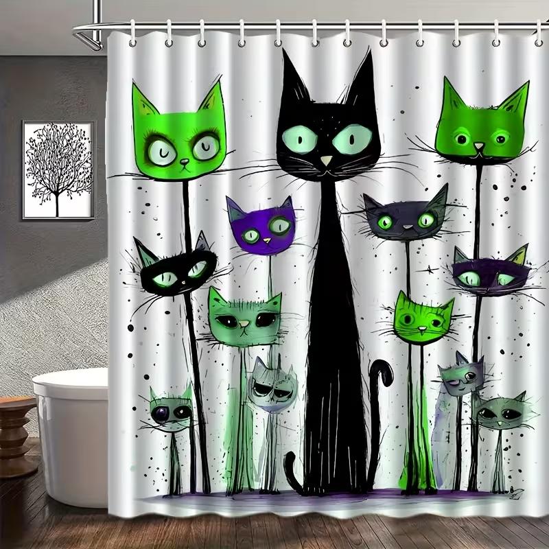 VIKAMA Cartoon Cat Print Shower Curtain Easy Care Nordic Style Bathroom Wet/Dry Separation Healing and Adorable Atmosphere