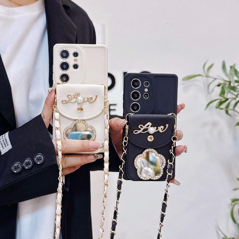 Mirror Wallet Case for Samsung Galaxy S25 Ultra S21 S22 S23 FE S24 Plus A17 Strap Card Slot Crossbody Lanyard Cord Flower Cover