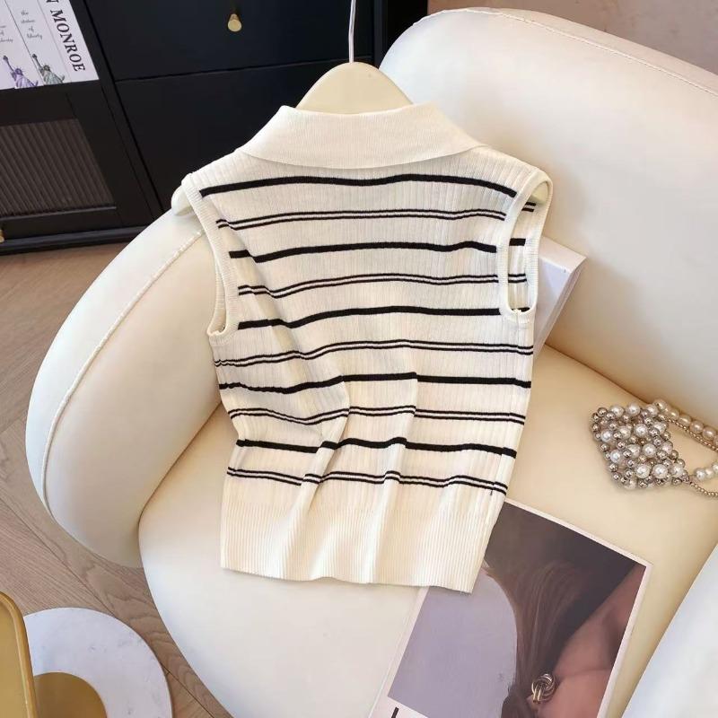 Hangzhou Sijiqing New Striped Design Knitted Sweater Women's Summer Polo Collar Single-breasted Top