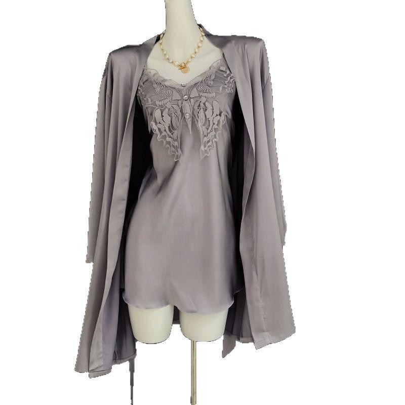 Sexy satin nightdress with chest pad women's spring and summer 1011 new ice silk thin suspender nightgown loungewear set