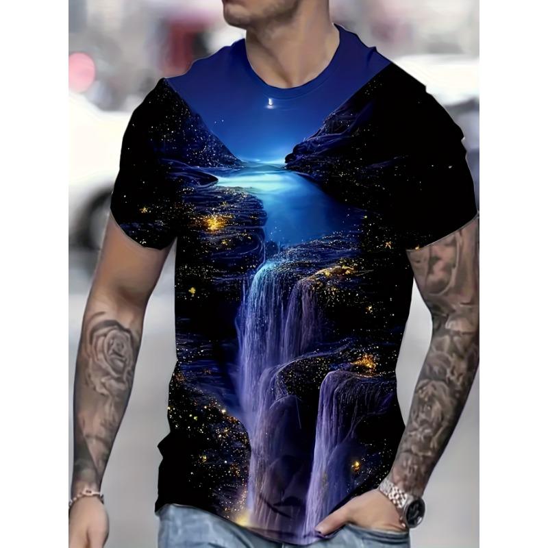 3D Waterfall Landscape T-Shirt Men Fantasy Starry Night Sky Graphic Printed Short Sleeve Casual O-Neck Creative All Over Print Tee Tops Men s Clothing S эбеновый