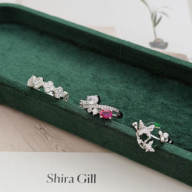 Light Luxury Sweet Cool Wind Red Zircon Moon Four-Leaf Clover Diamond Zir*****Pen Ring Super Fairy Stacked Wearing Niche Ring