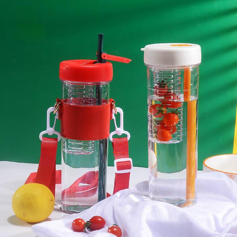 800ml Large Capacity Water Bottles with Strap Dry Wet Separation Fruit Lemon Filter Plastic Drinking Bottle with Straw Outdoor Sports Water Cup