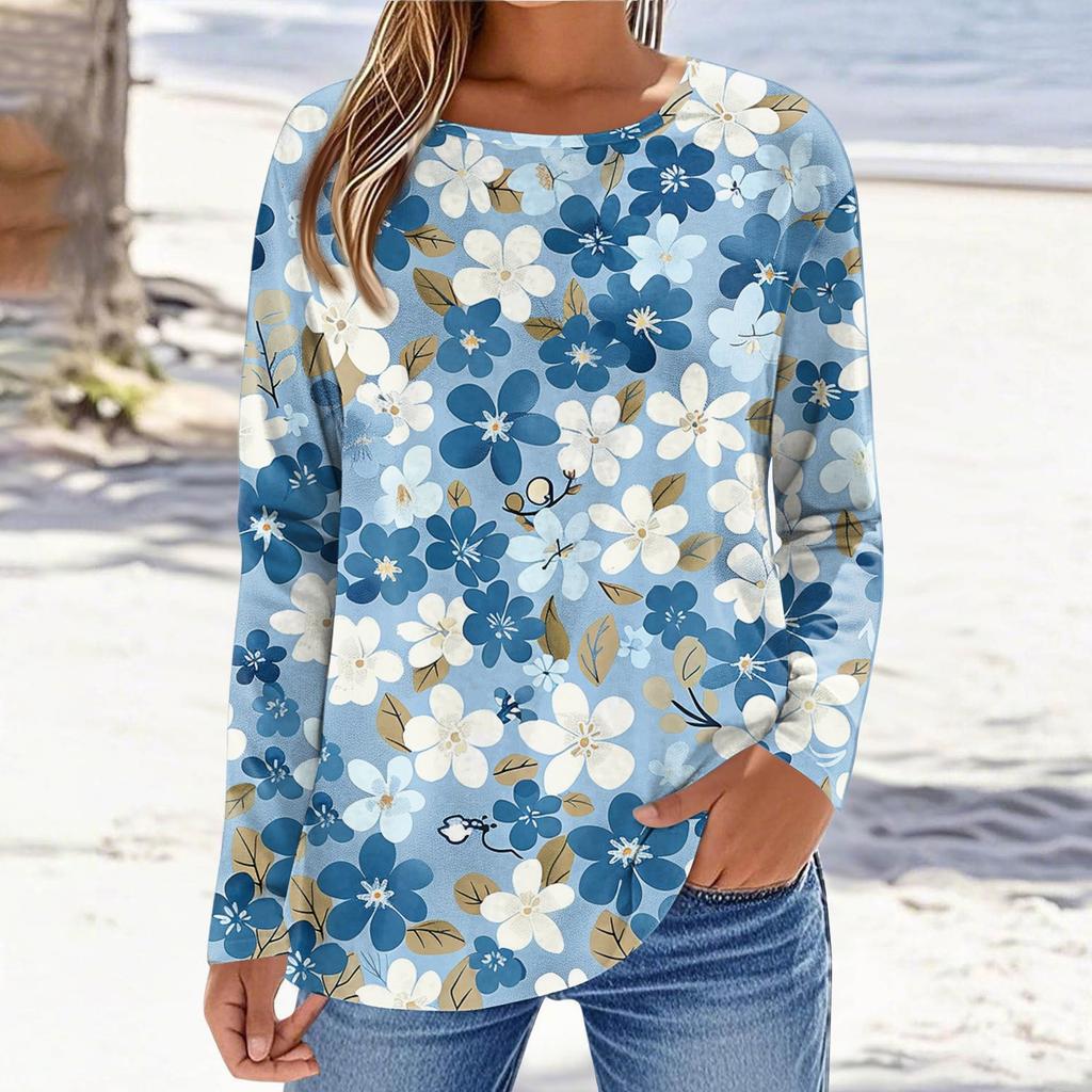 Women's T-shirt 3D printing small floral print fashion long-sleeved round neck regular top holiday weekend spring and autumn