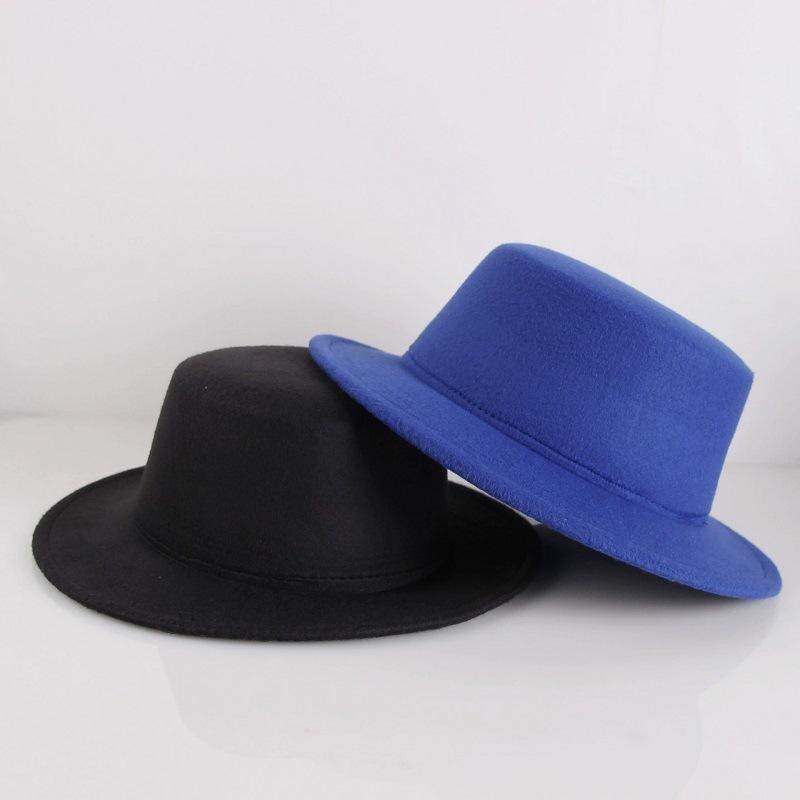 Retro British style flat top top hat couple men and women gentlemen's hat women's autumn and winter big flat brim woolen jazz hat
